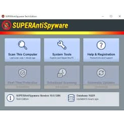 alt=Screenshot of SUPERAntiSpyware software interface showing scan options and system tools on a gray background.
