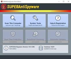 alt=Screenshot of SUPERAntiSpyware software interface showing scan options and system tools on a gray background.