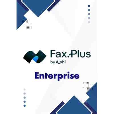 alt=Fax.Plus by Alohi logo with "Enterprise" text on a white background with blue geometric design accents.