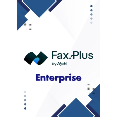 alt=Fax.Plus by Alohi logo with "Enterprise" text on a white background with blue geometric design accents.