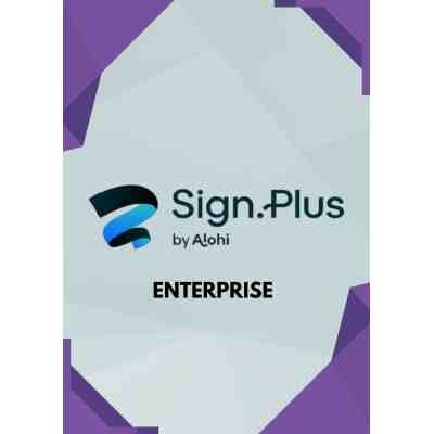 alt=Logo of Sign.Plus by Alohi with the word "ENTERPRISE" below, on a light gray background with purple geometric borders.