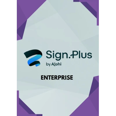 alt=Logo of Sign.Plus by Alohi with the word "ENTERPRISE" below, on a light gray background with purple geometric borders.