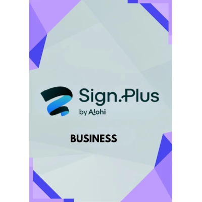 alt=Sign.Plus by Alohi logo with "BUSINESS" text on a light geometric background with purple and blue borders.
