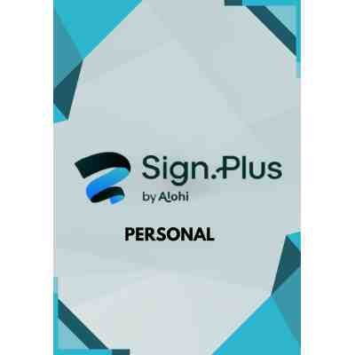alt=Logo of Sign.Plus by Alohi with the word "PERSONAL" below, on a geometric blue and gray background.