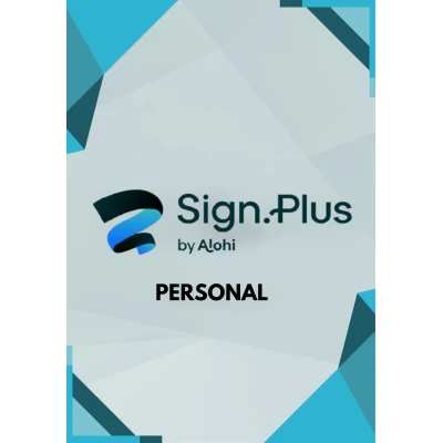 alt=Logo of Sign.Plus by Alohi with the word "PERSONAL" below, on a geometric blue and gray background.