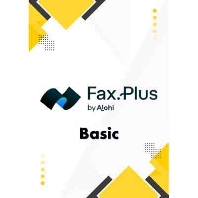 alt=Logo and branding for Fax.Plus by Alohi with the word "Basic" surrounded by yellow and black geometric shapes.