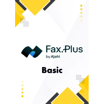 alt=Logo and branding for Fax.Plus by Alohi with the word "Basic" surrounded by yellow and black geometric shapes.