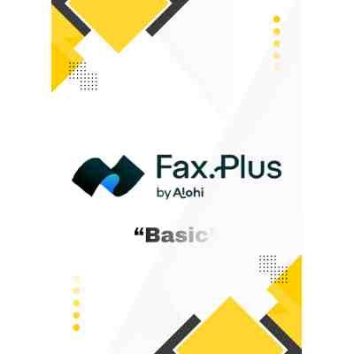 alt=Logo of Fax.Plus by Alohi with the word "Basic" below, set against a white background with yellow and black geometric shapes.