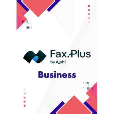 alt=Logo and branding for Fax.Plus by Alohi Business, featuring modern geometric shapes in red, pink, blue, and black.