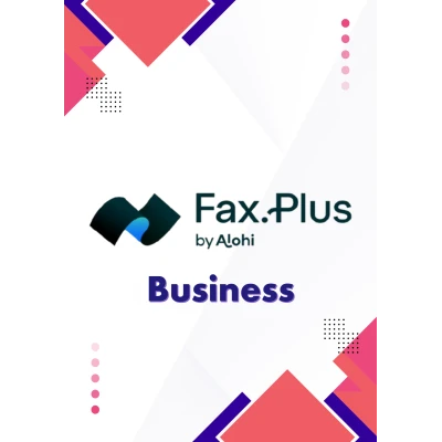 alt=Logo and branding for Fax.Plus by Alohi Business, featuring modern geometric shapes in red, pink, blue, and black.