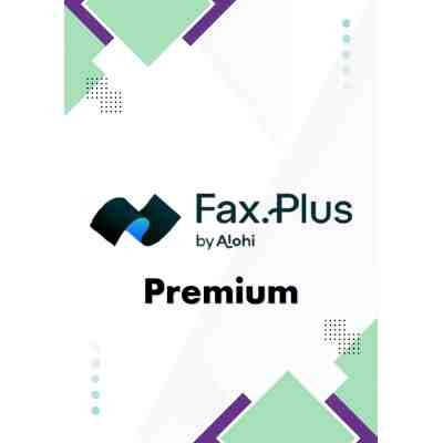 alt=Logo and branding for Fax.Plus by Alohi with the word "Premium" on a white background with green and purple geometric shapes.