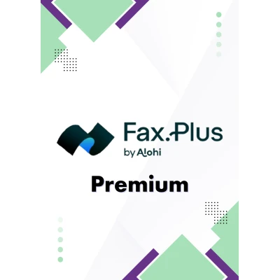 alt=Logo and branding for Fax.Plus by Alohi with the word "Premium" on a white background with green and purple geometric shapes.