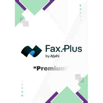 alt=Logo of Fax.Plus by Alohi with the word "Premium" below, on a white background with green and purple geometric shapes.