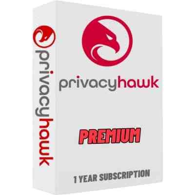 alt=Box packaging for PrivacyHawk Premium 1 Year Subscription featuring a red hawk logo and bold text.