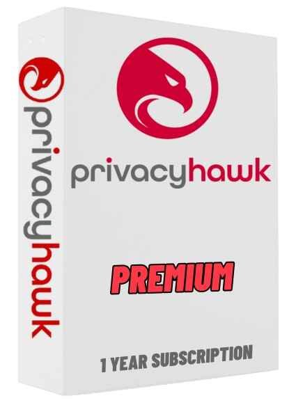 alt=Box packaging for PrivacyHawk Premium 1 Year Subscription featuring a red hawk logo and bold text.