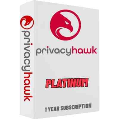 alt=PrivacyHawk Platinum software box with a red hawk logo, offering a 1-year subscription.