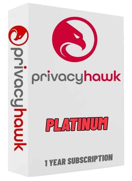 alt=PrivacyHawk Platinum software box with a red hawk logo, offering a 1-year subscription.