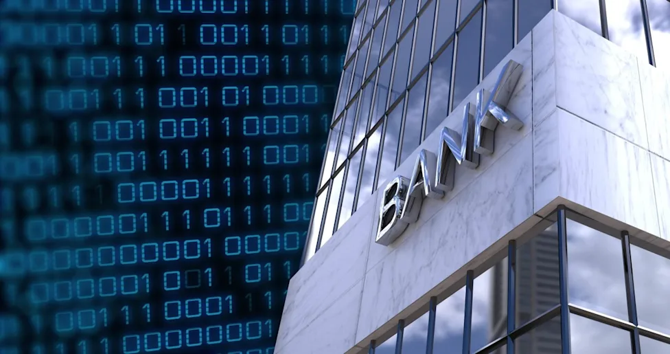 alt=Modern bank building facade with reflective windows, set against a digital binary code background symbolizing fintech.