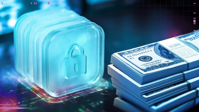 alt=A glowing digital padlock icon beside stacked bundles of US hundred-dollar bills on a circuit board background.