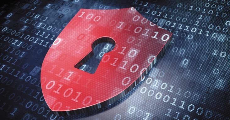 alt=Red shield with a keyhole overlayed with binary code, symbolizing cybersecurity and data protection.