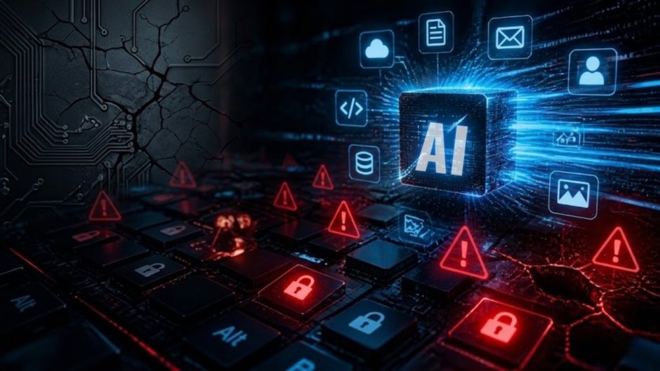alt=AI cube emitting blue light with digital icons, contrasted by red warning and lock symbols on a cracked circuit board.