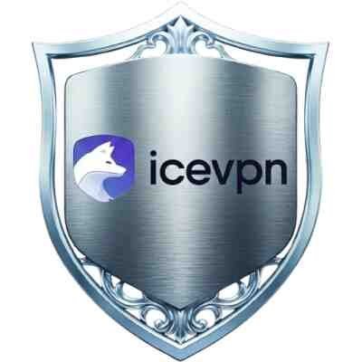 alt=Silver metallic shield with ornate edges displaying the IceVPN logo featuring a white wolf head on a blue background.
