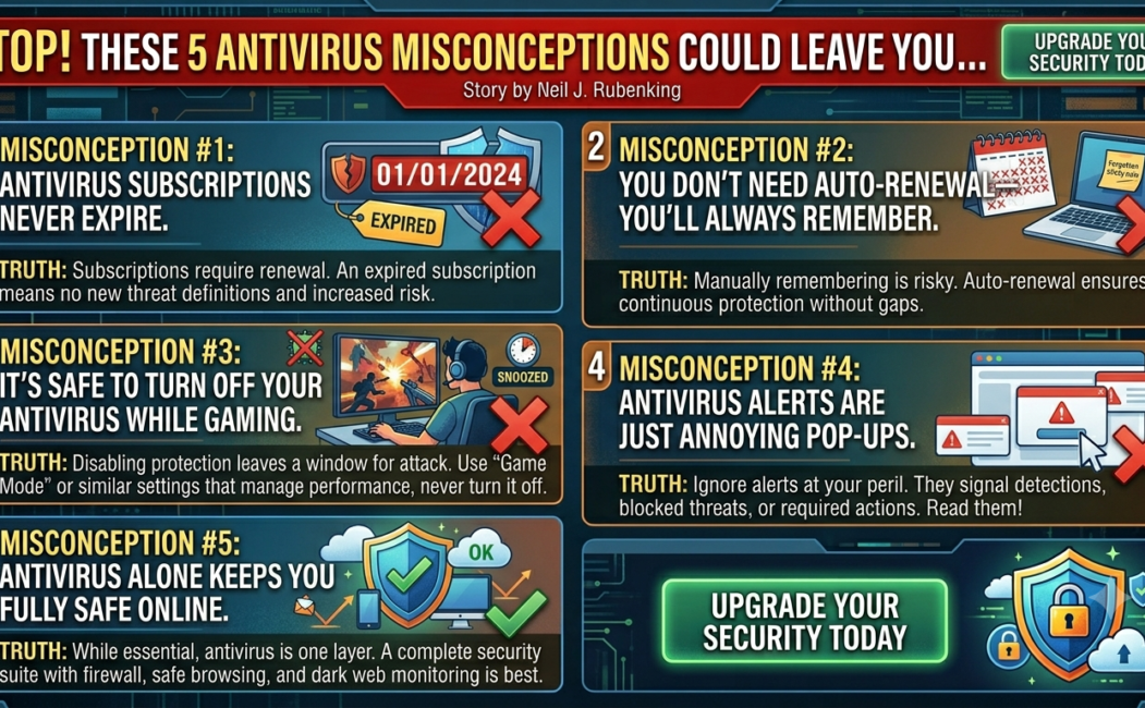 alt=Infographic listing 5 common antivirus misconceptions and truths about subscriptions, auto-renewal, gaming, alerts, and overall online safety.