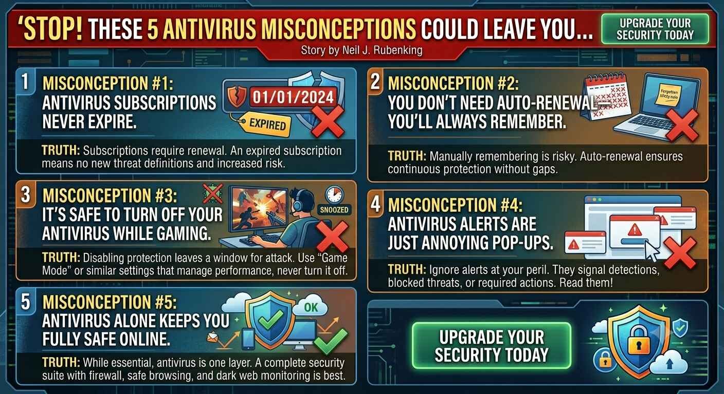 alt=Infographic listing 5 common antivirus misconceptions and truths about subscriptions, auto-renewal, gaming, alerts, and overall online safety.