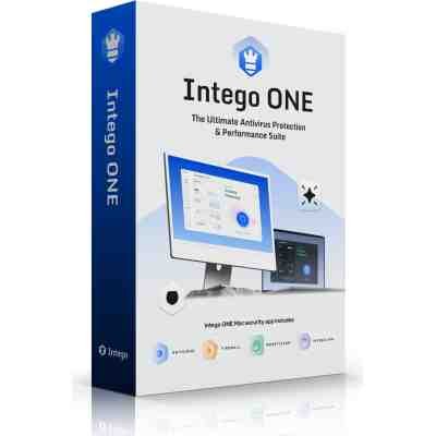 alt=Box packaging of Intego ONE antivirus and performance suite for Mac, highlighting features like antivirus, firewall, SmartClean, and VPN.