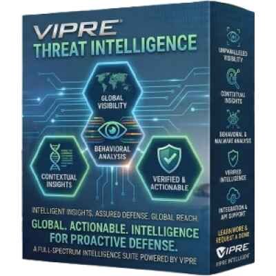 alt=Box packaging of VIPRE Threat Intelligence software highlighting global visibility, behavioral analysis, and contextual insights features.
