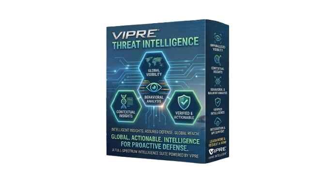 alt=Box packaging of VIPRE Threat Intelligence software highlighting global visibility, behavioral analysis, and contextual insights features.