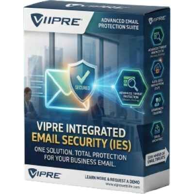 alt=Box packaging of VIPRE Integrated Email Security (IES) software, featuring advanced email protection and threat reduction for businesses.
