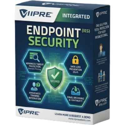 alt=Box packaging of VIPRE Integrated Endpoint Security software highlighting advanced threat protection, data loss prevention, training, and email archiving features.