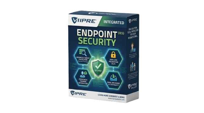 alt=Box packaging of VIPRE Integrated Endpoint Security software highlighting advanced threat protection, data loss prevention, training, and email archiving features.