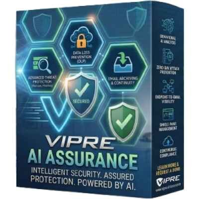 alt=Box packaging of VIPRE AI Assurance, highlighting AI-powered security features like advanced threat protection, data loss prevention, and email archiving.