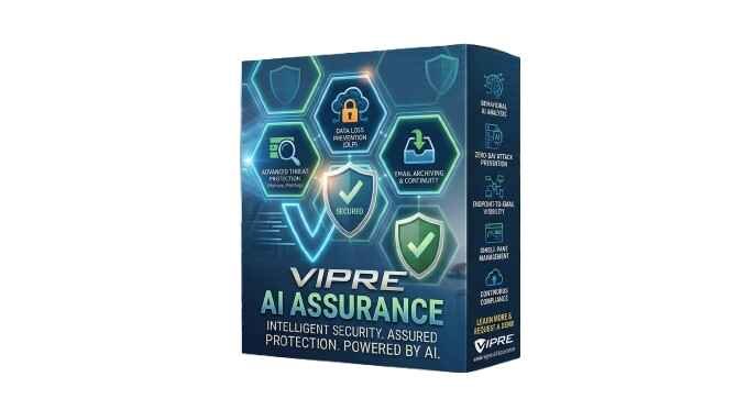 alt=Box packaging of VIPRE AI Assurance, highlighting AI-powered security features like advanced threat protection, data loss prevention, and email archiving.