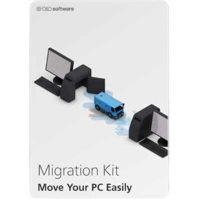 alt=Illustration of two desktop computers connected by a blue bus, symbolizing easy PC data migration between systems.