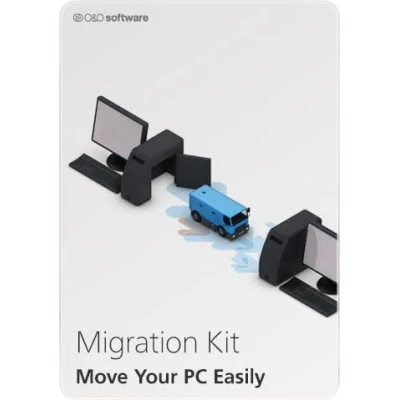 alt=Illustration of two desktop computers connected by a blue bus, symbolizing easy PC data migration between systems.