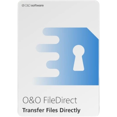 alt=O&O FileDirect software logo with a blue keyhole symbol and text "Transfer Files Directly" on a light gray background.